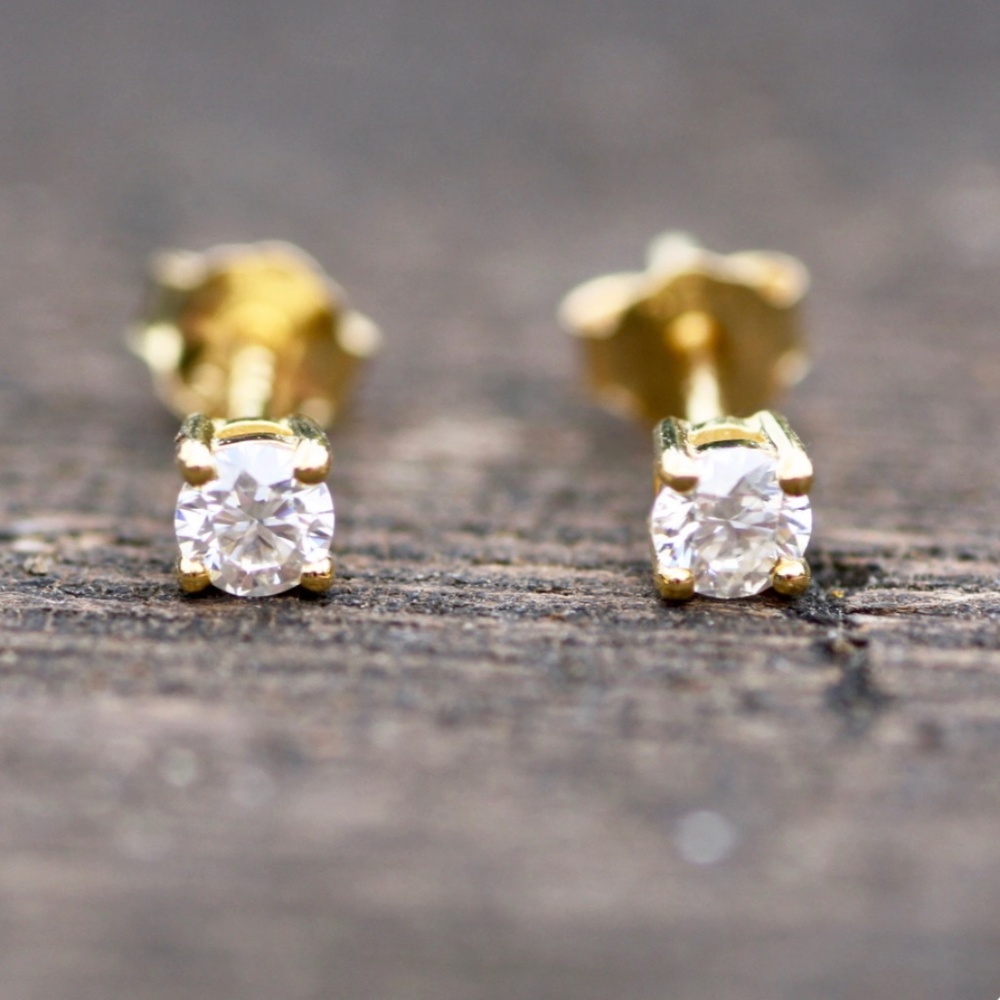 New Tiny Moissanite Stud Earrings, Yellow Gold over Sterling Silver, D VVS - Picture 4 of 8